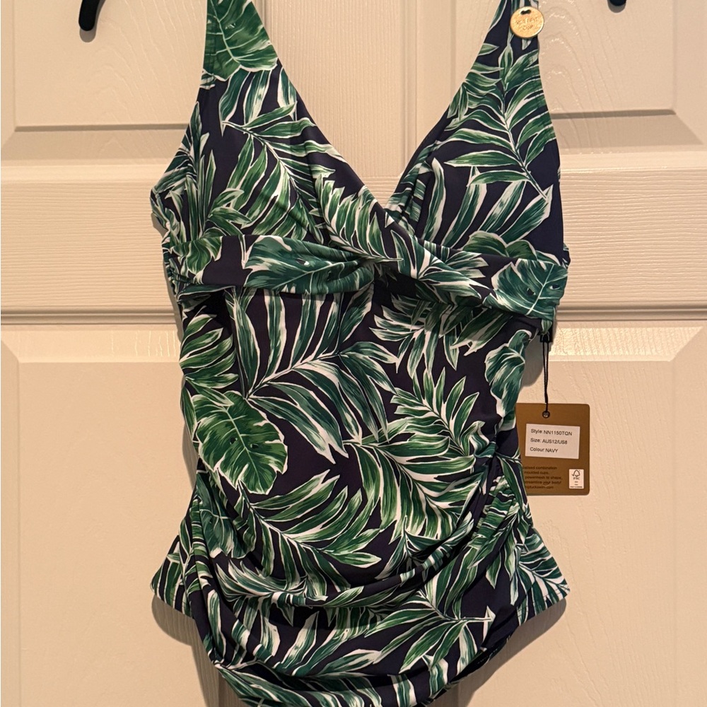 Tropical Leaf Twist-Front One-Piece Swimsuit - Nip Tuck NWT